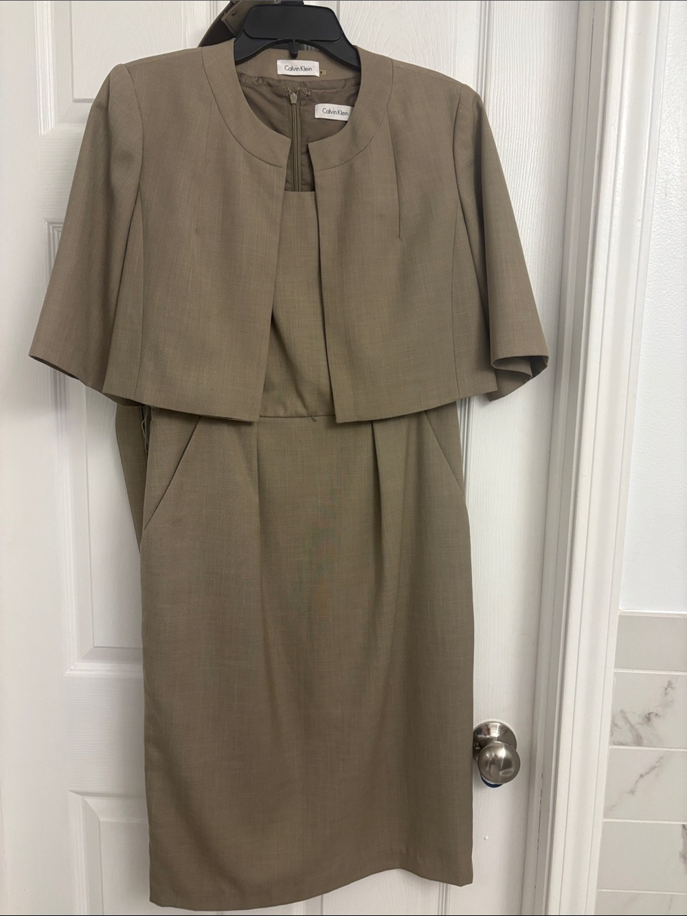 Calvin Klein Taupe Beige Pencil Skirt Two-Piece Set with Cropped Cape Jacket